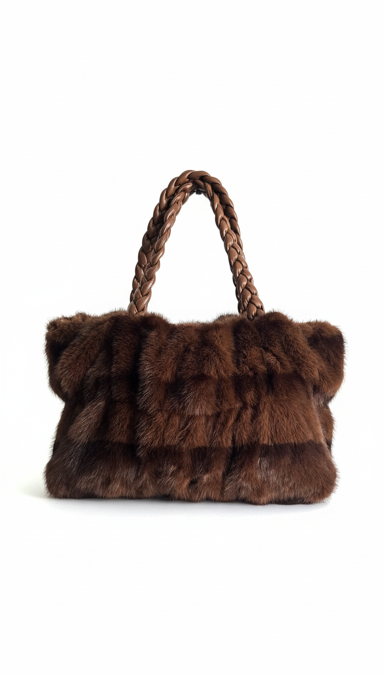 Borsa eco pelliccia manici in ecopelle a treccia - Mood Shop Milano