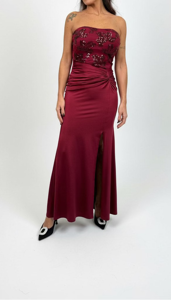 Abito Lungo in Raso con Corpino in Pizzo