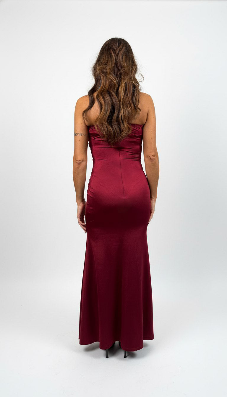 Abito Lungo in Raso con Corpino in Pizzo