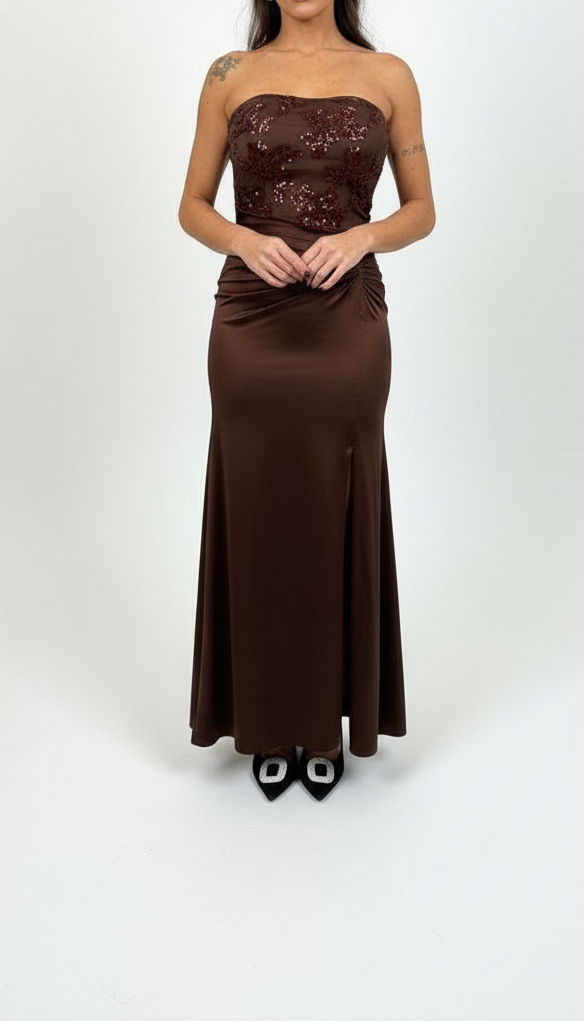 Abito Lungo in Raso con Corpino in Pizzo