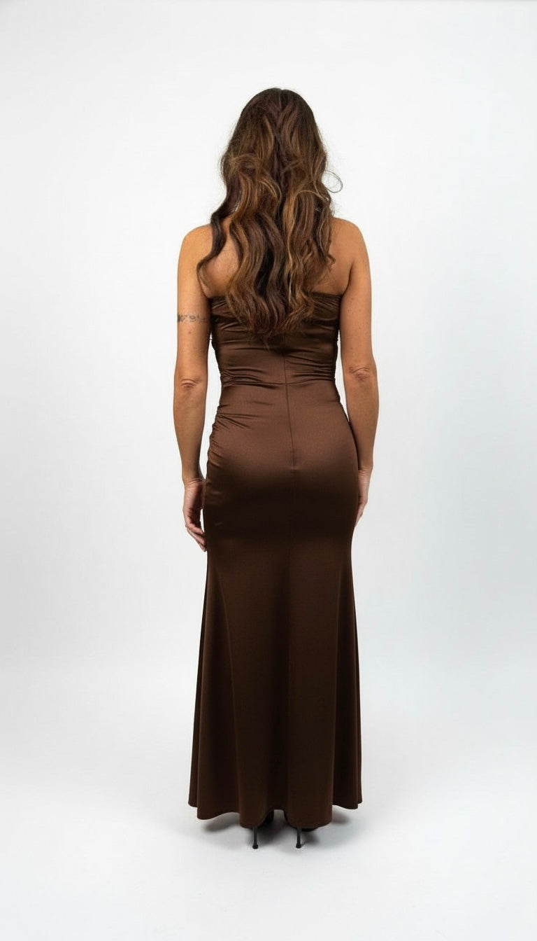 Abito Lungo in Raso con Corpino in Pizzo