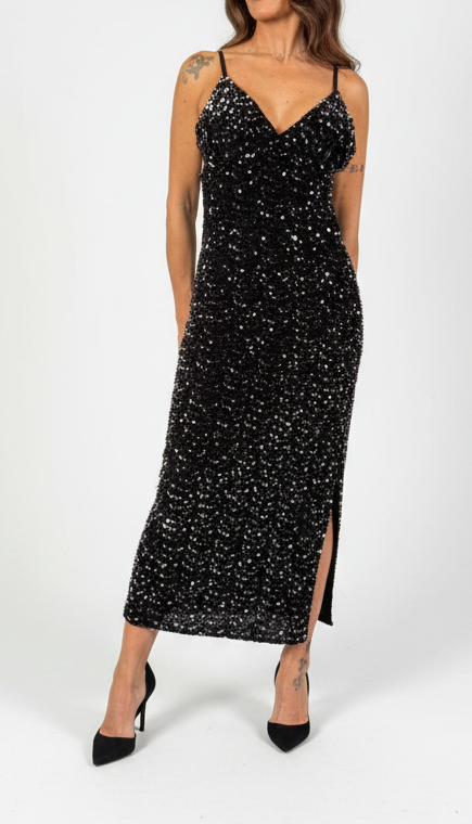 Vestito in Velluto con Dettagli Paillettes